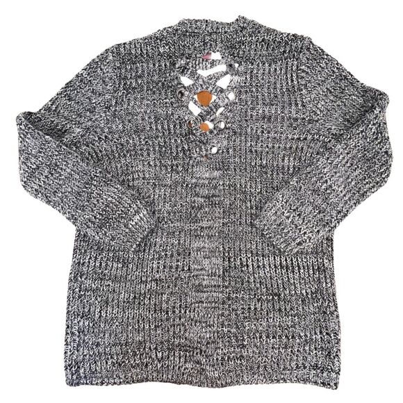 No Boundaries Cardigan Large Black White Cross Cross Marled Open Knit Topper - Picture 2 of 9